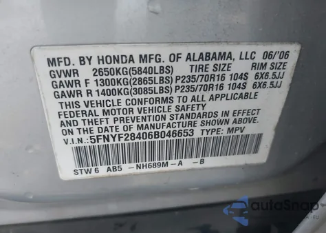 2006 Honda Pilot Ex from USA, damaged, VIN 5FNYF28406B046653